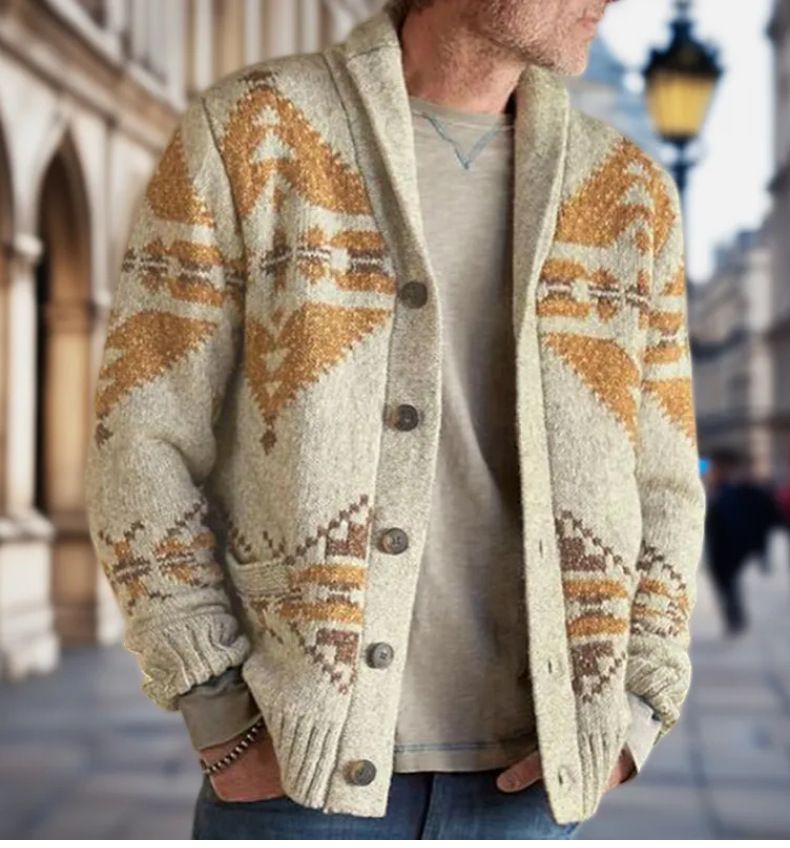 Herren-Jacquard-Strickjacke – Strukturierter Langarmpullover mit offener Vorderseite für Arbeit und Wochenende (Khaki/Grau, M-3XL, maschinenwaschbar, knitterfrei)_voghion.com