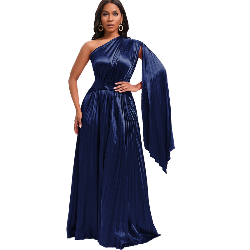 women's clothing new one-shoulder pleated long skirt oblique collar waist dress _voghion.com