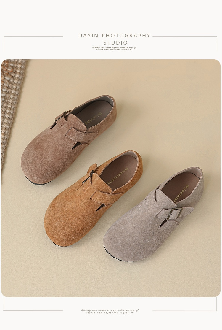 2024 neue Damen-Winter-Outwear aus echtem Leder mit Plüschschuhen, flacher Sohle, One Step Milard Retro-Bucken-Einzelschuhe mit weicher Sohle_voghion.com