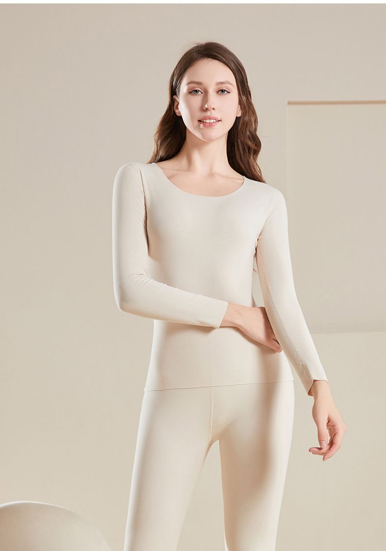 Conjunto fino sem costura de lã escovada catiônica, parte superior e inferior, camada de base confortável, roupa íntima térmica para mulheres_voghion.com