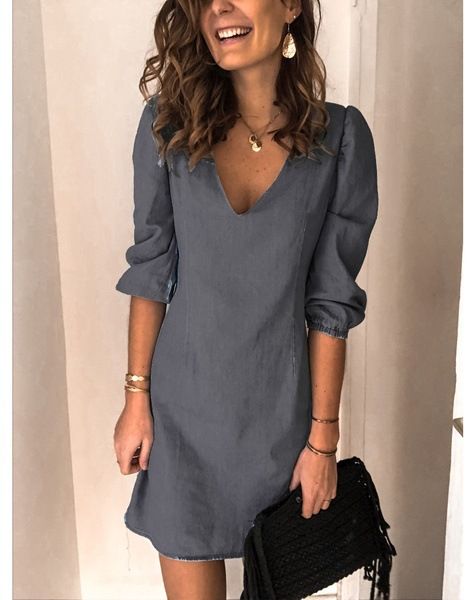 Women's Outnet Solid Color V-neck Short Sleeve Casual Loose Plus Size Plus Size Denim Dress_voghion.com