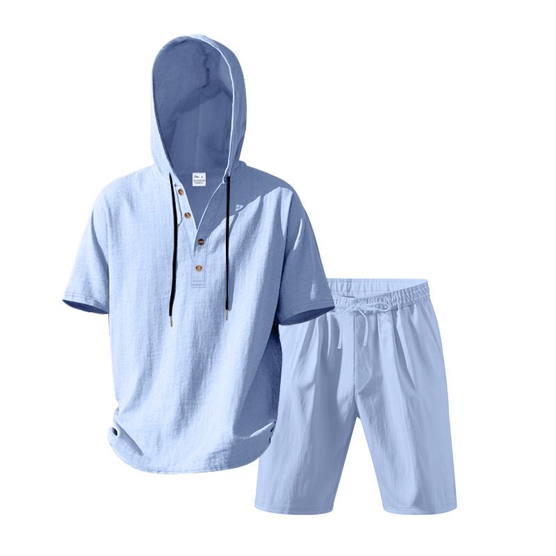 Completo da uomo in lino con camicia e pantaloncini - Completo casual estivo da spiaggia a maniche corte con vestibilità ampia_voghion.com