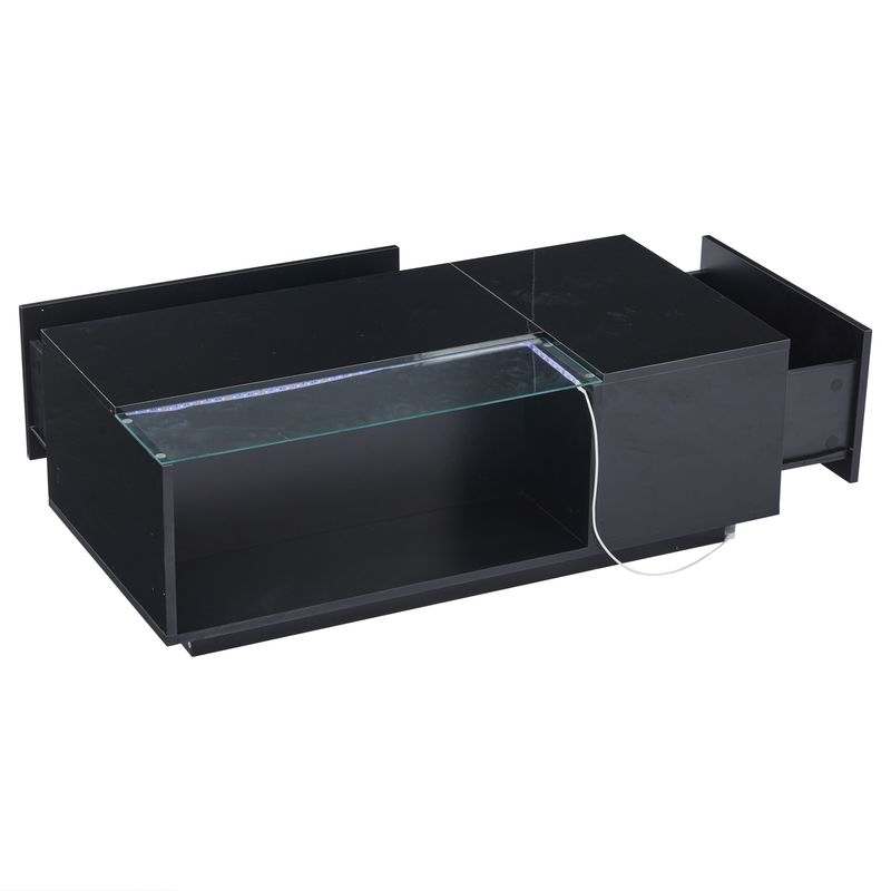 Table basse LED 100 x 50 x 35 cm avec rangement, table de salon en verre noir brillant avec 2 tiroirs, table d'appoint de canapé moderne_voghion.com