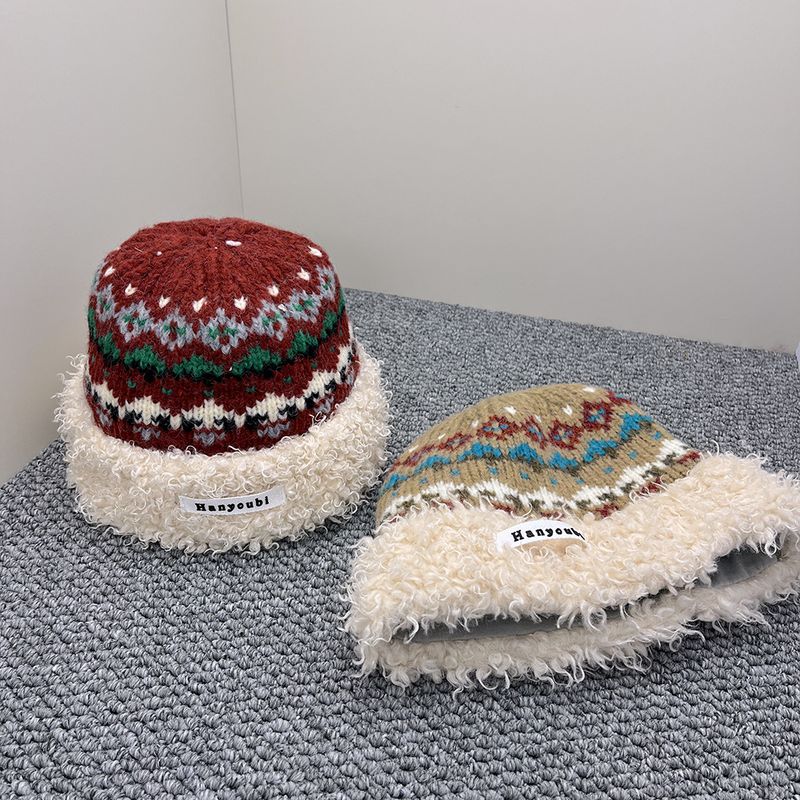 Cappello da pescatore in peluche jacquard patchwork per donna, fa sembrare il viso più piccolo, cappello lavorato a maglia spesso e caldo per autunno e inverno, alla moda._voghion.com