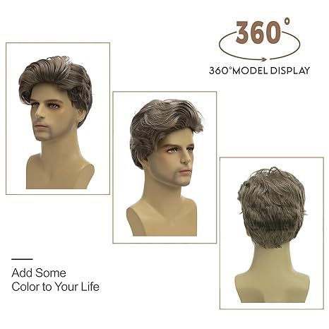 Parrucca sintetica corta e liscia da uomo - Acconciatura con riga laterale, biondo cenere e frangia laterale (alla moda, con calotta intera resistente al calore, look naturale)_voghion.com