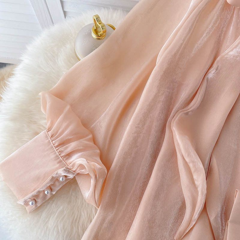 Camicetta con fiocco al collo – Elegante top con maniche a sbuffo (taglia unica, acrilico, ufficio e serata romantica, stile minimalista)_voghion.com