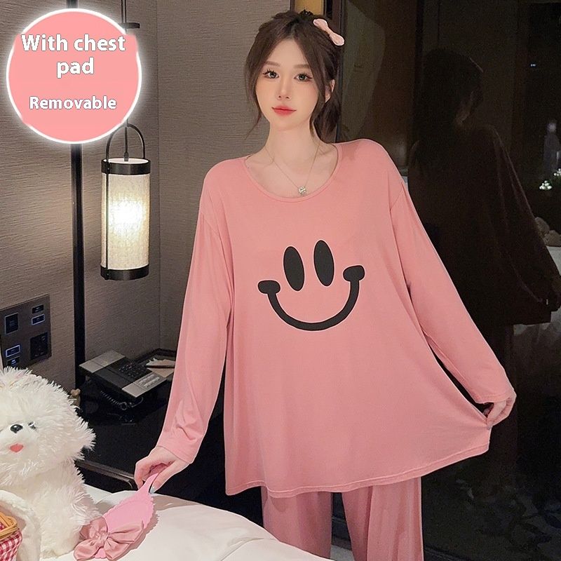 Large size sleepwear women in spring autumn, with a smiling face chest cushion, long sleeves and pants, plus weight of_voghion.com