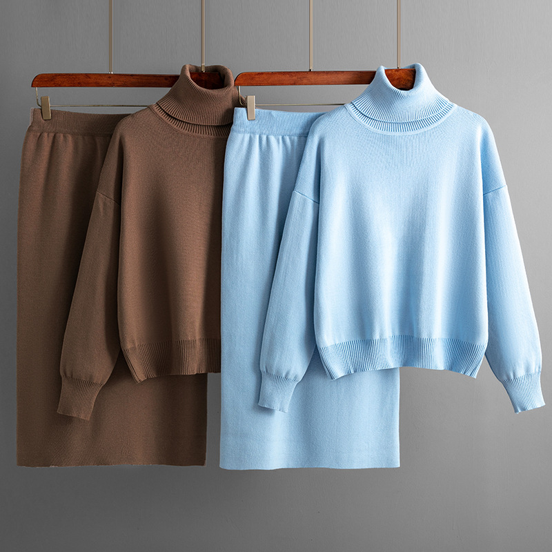 Women's clothing Solid color turtleneck sweater half-body hip-hugging skirt two-piece set knitted suit for women_voghion.com