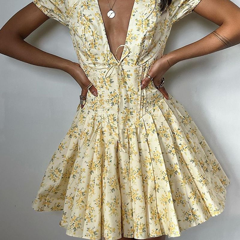 Women's 2024 Autumn New Fashion Sexy Floral Puff Sleeve V-neck Slim Fit French Dress_voghion.com