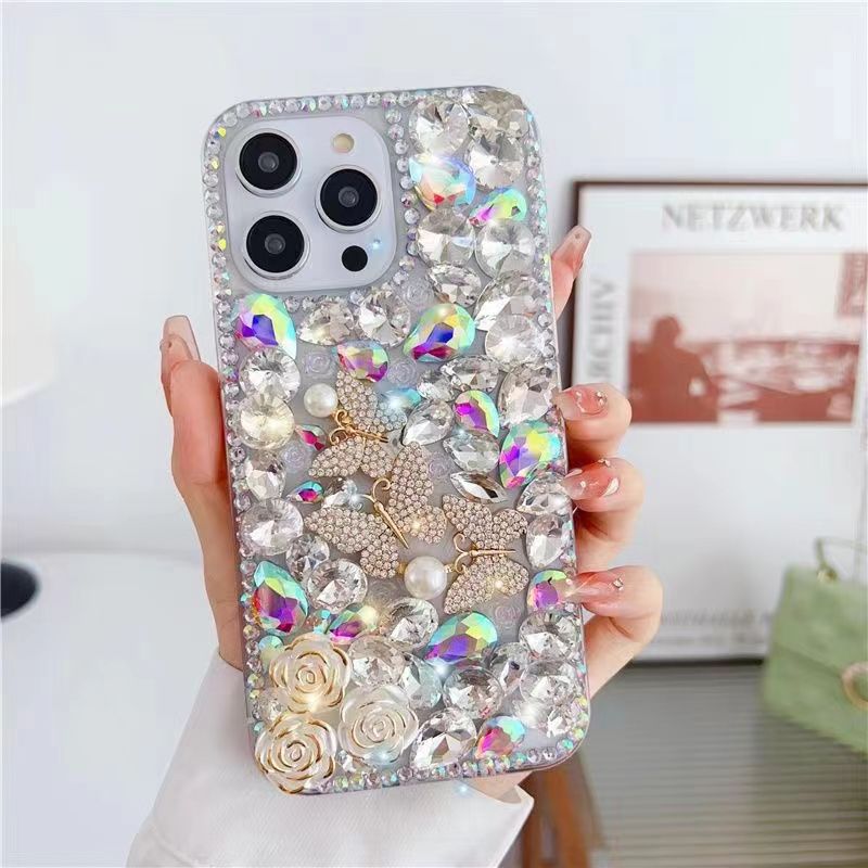 For Iphone 13 14 15 Pro Max Plus Handmade Diamond Crystal Butterfly Flower Phone Case Cover_voghion.com