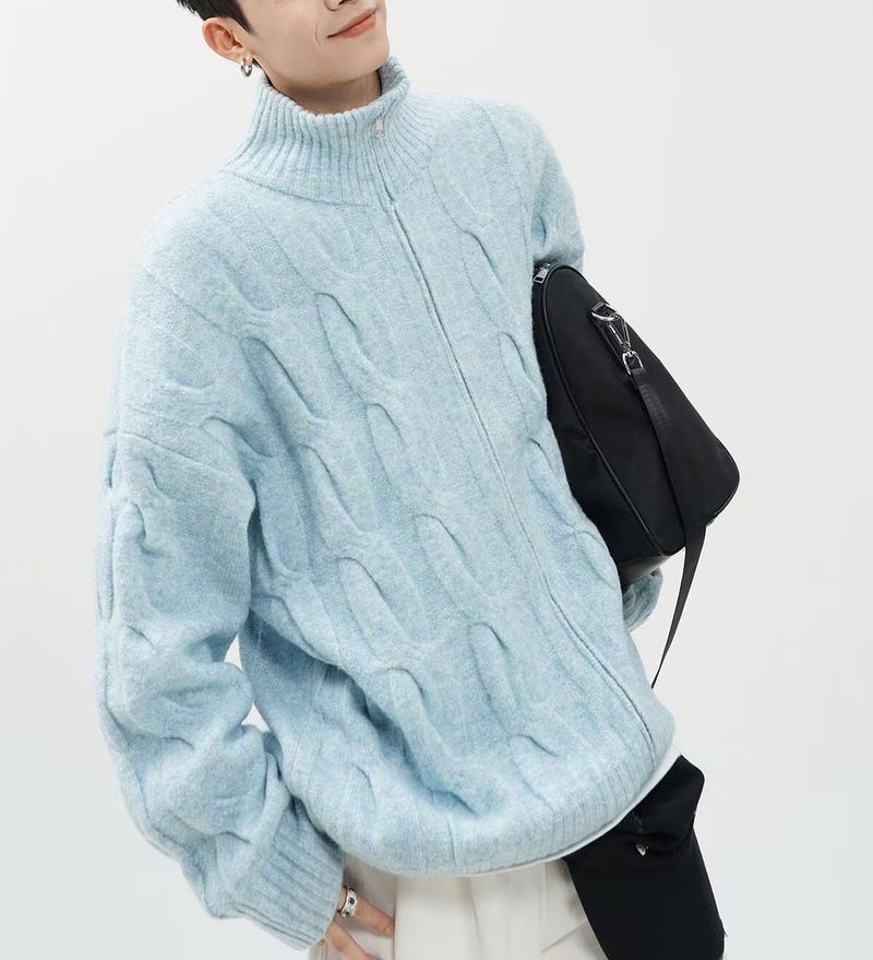 Maglione semi-dolcevita da uomo - Cardigan oversize in maglia a trecce con tessuto elasticizzato traspirante, abbigliamento unisex per l'autunno (nero/kaki/blu)_voghion.com
