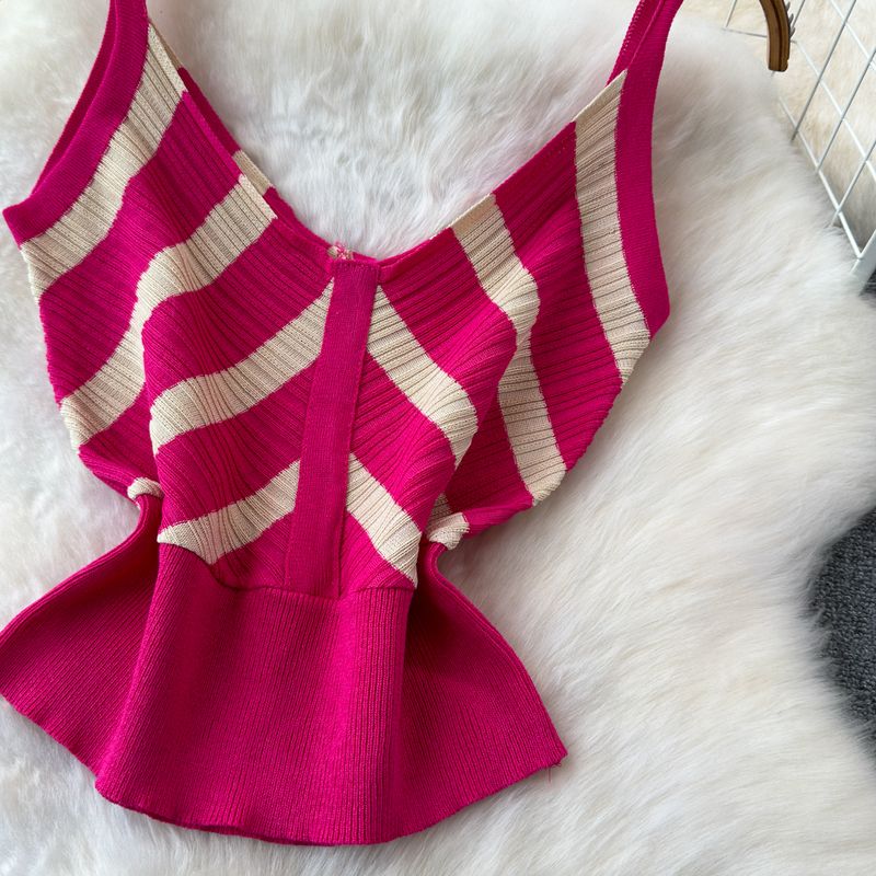 Women's Clothing Contrast Color Striped Ice Silk Knitted Suit 2024 Summer V-neck Sling Hip Skirt Two-piece Suit_voghion.com