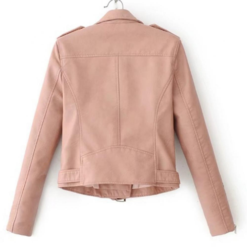 Lady Leather Long Sleeve Lapel Zipper Button Pocket Motorcycle Jacket Short Coat_voghion.com