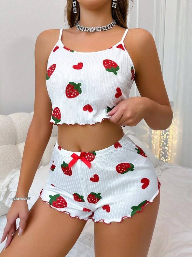 Zweiteiliges Set aus Camisole-Shorts mit Herz-Print und sexy Loungewear aus Milchseide_voghion.com