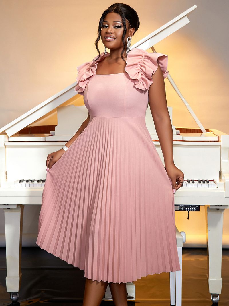 Women's Clothing Elegant Square Neck Sleeveless Pleated Midi Dress - Flattering High Waist Design In Soft Pink, Perfect For Casual & Office Wear_voghion.com