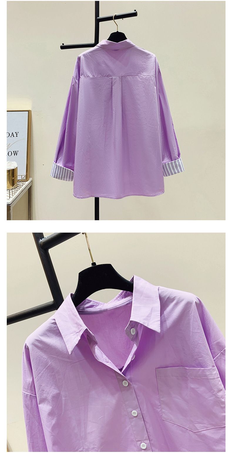 Abbigliamento da donna Camicia a polo con colletto a righe viola con giunture Camicia a maniche lunghe casual ampia e nuova primavera da donna Design di nicchia_voghion.com