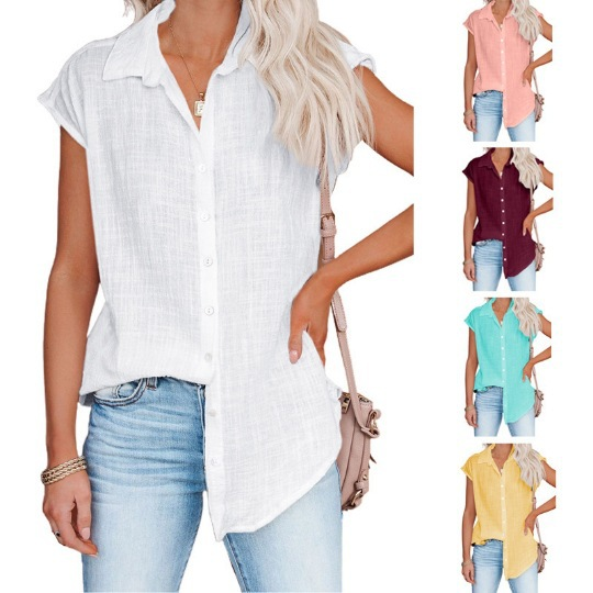 Women's Clothing New Solid Color Single Breasted Lapel Shirt Sleeveless Loose Top_voghion.com