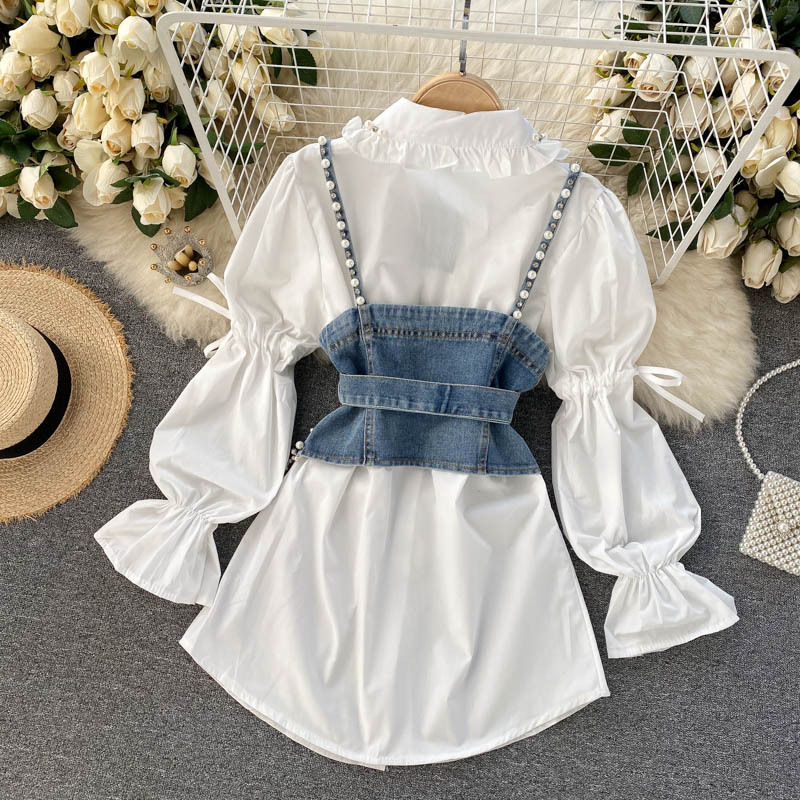 Sieviešu modes krekls ar pufām piedurknēm, augšējais bārkstis pērļu pavadas veste divdaļīgs komplekts_voghion.com