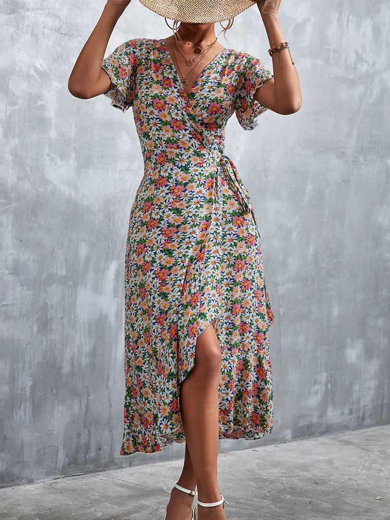 Frühling/Sommer 2022 Neues böhmisches, gekreuztes, geblümtes Kleid mit V-Ausschnitt und Schnürung_voghion.com