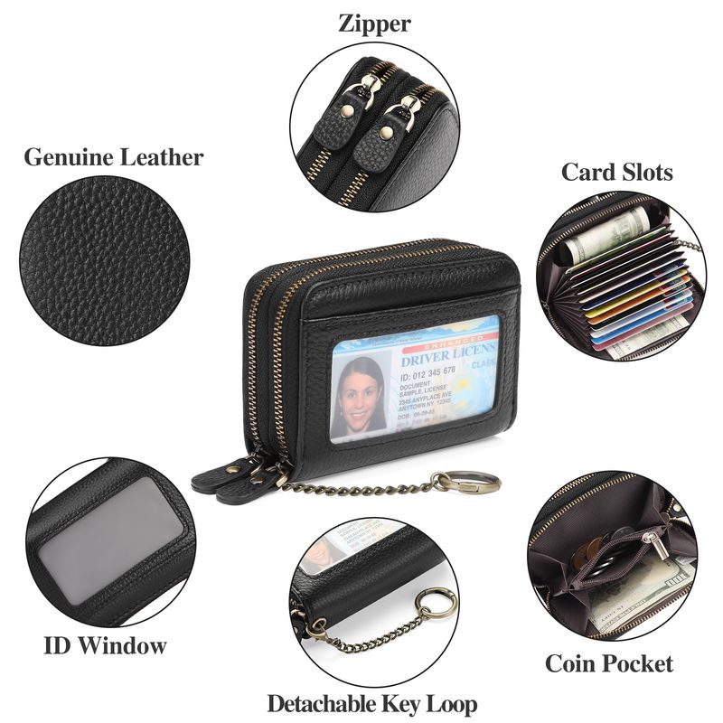 Porta-cartões de couro genuíno RFID primeira camada de couro de vaca com zíper duplo porta-cartões de órgão_voghion.com
