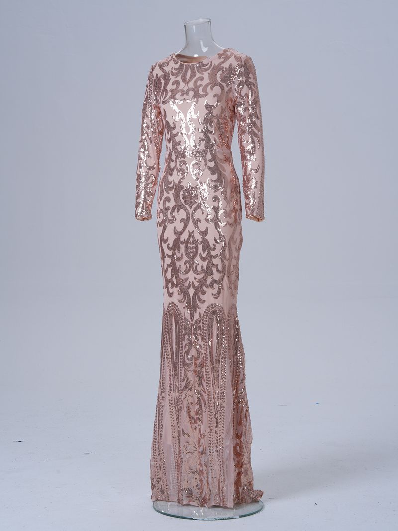 Damenbekleidung High-End Langarm Temperament Rundhalsausschnitt Sexy Lange Pailletten Bankett Abendkleid Brautjungfernkleid_voghion.com
