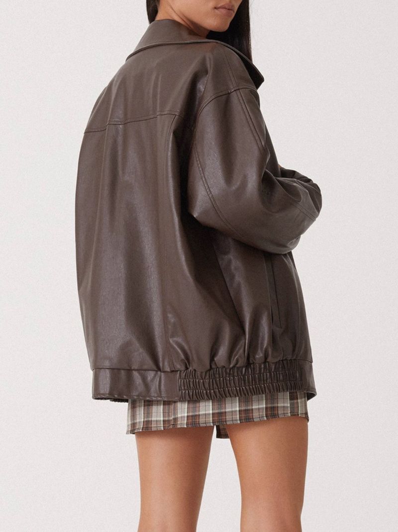 Giacca in stile motociclista, con colletto rovesciato, orlo elastico, cerniera, cappotto in pelle PU_voghion.com