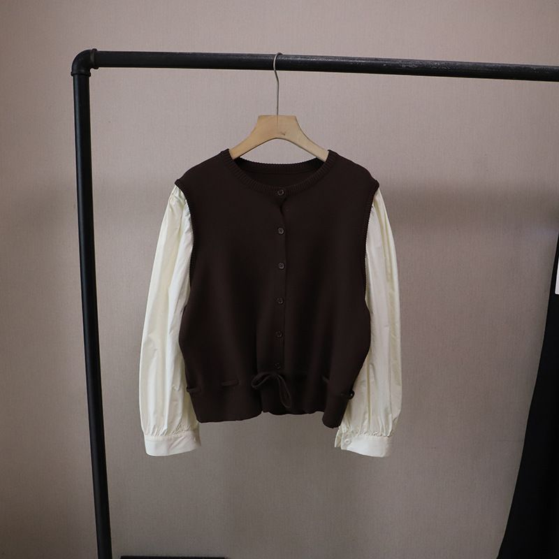 Camicia a maniche lunghe elegante e versatile in due pezzi, stile coreano, lavorata a maglia, patchwork, color-block, autunno 2025, per donna_voghion.com