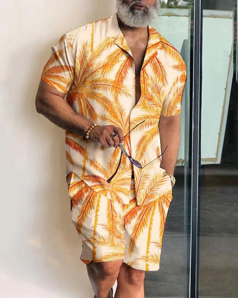 2024 Neues Freizeit-Urlaubs-Kurzarm-Shirt-Set mit orangefarbenem Blatt-Print_voghion.com