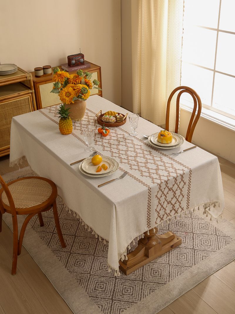 Nappe en lin épais de qualité supérieure avec broderie - Housse de table à manger/basse carrée et rectangulaire minimaliste_voghion.com