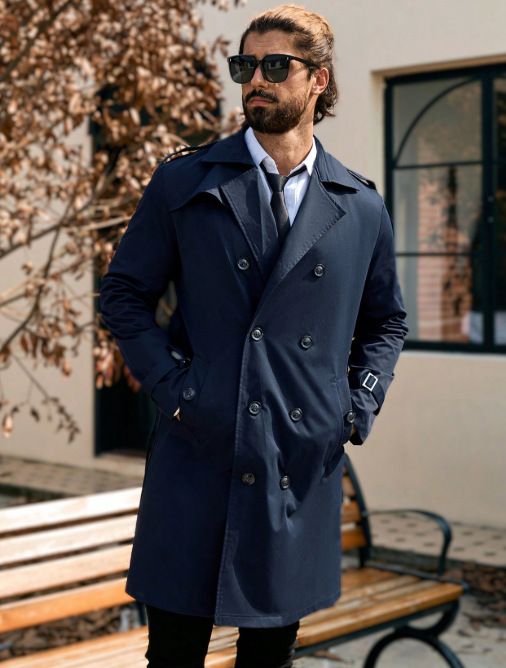 Herren Zweireihiger Trenchcoat Lang Slim Fit Lässiger Mantel Polyester Klassisch Blauer Mantel Für Herbst Frühling_voghion.com