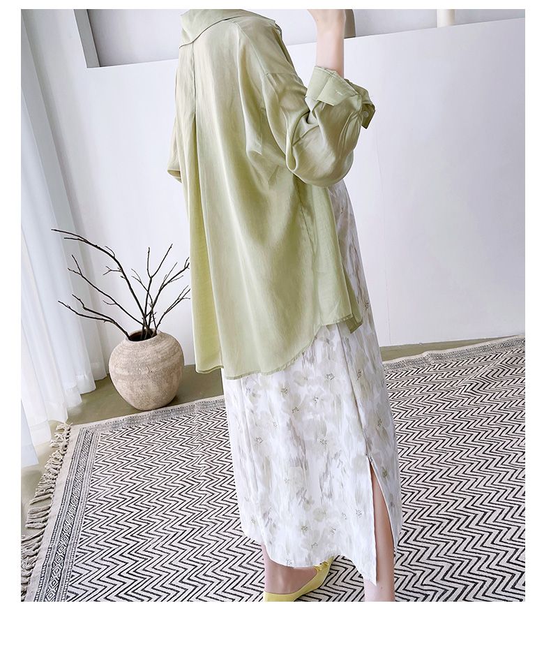 Completo da donna incinta, abito in chiffon con gonna e bretelle, camicia in tencel, abbigliamento con protezione solare, set due pezzi primaverile_voghion.com