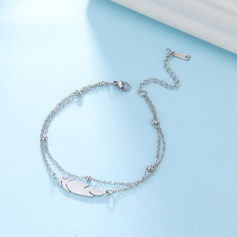 Feather Women's Double Layer Bead Chain Ankle Bracelet Fashion Beach Foot Accessory Stainless Steel Anklet_voghion.com