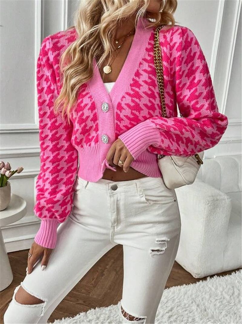 Dameskleding herfst en winter patroon lantaarn mouw gebreide cardigan trui korte jas_voghion.com