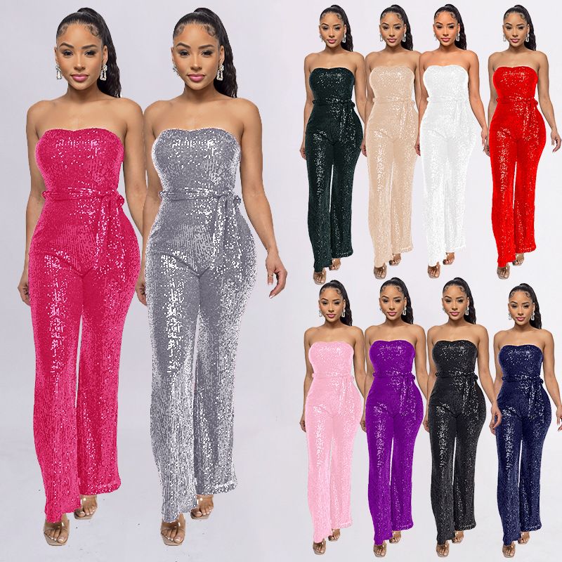 Dametøj Ærmeløs pailletterbæltejumpsuit ensfarvet tubetop rygløs jumpsuit_voghion.com