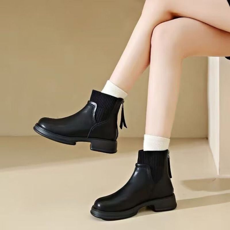Thick Sole Sock For Women 2024 Autumn New British Style Knitted Ankle Slim Short Martin Boots_voghion.com