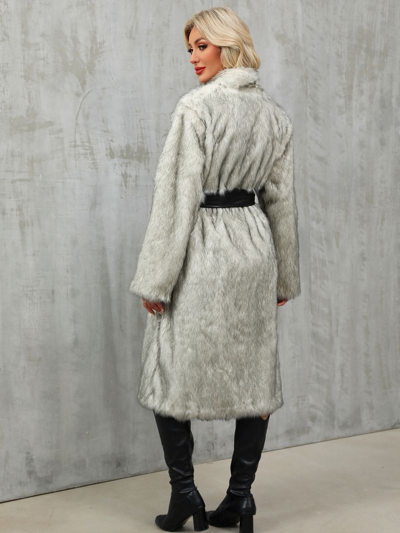 Damen-Kunstpelzmantel – Langer Plüsch-Trenchcoat mit Gürtel (S-XXXL, Schwarz/Polarfuchs, Eleganter Wintermantel)_voghion.com