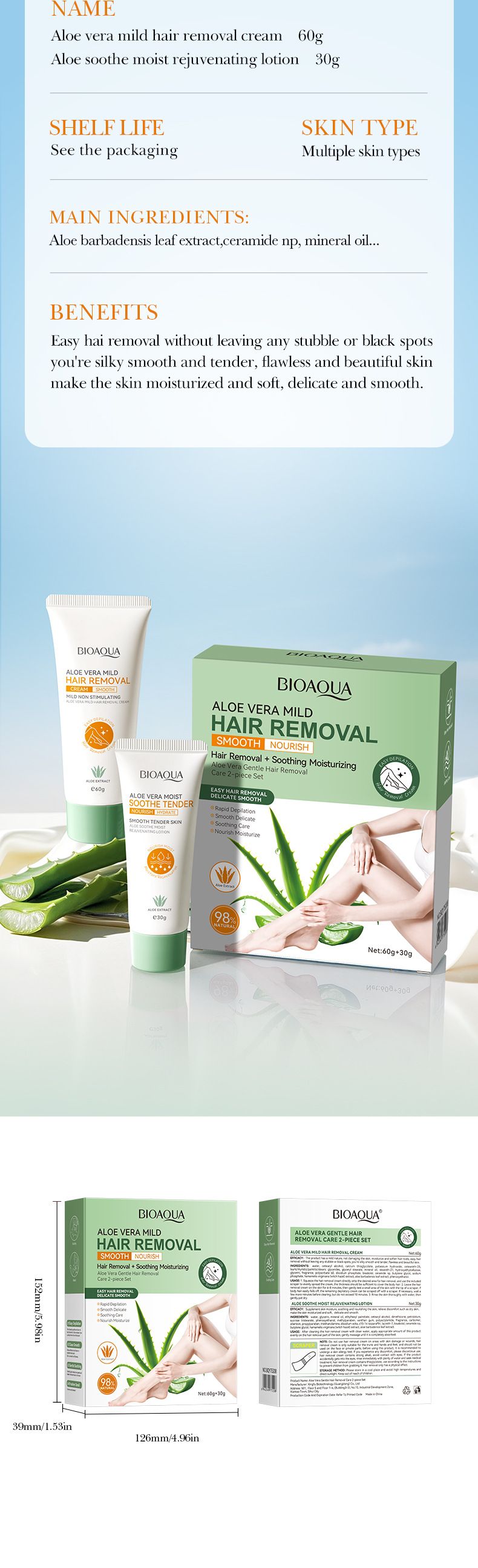 Crème dépilatoire douce à l'aloe vera, coffret de 2 pièces pour les aisselles_voghion.com