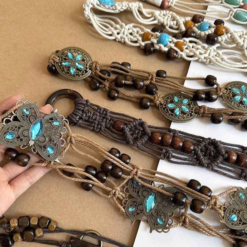 Acrylic Geometric Round Bead Braided Rope Chain Ethnic Style Belt Fashion Niche Design Waist Accessory_voghion.com