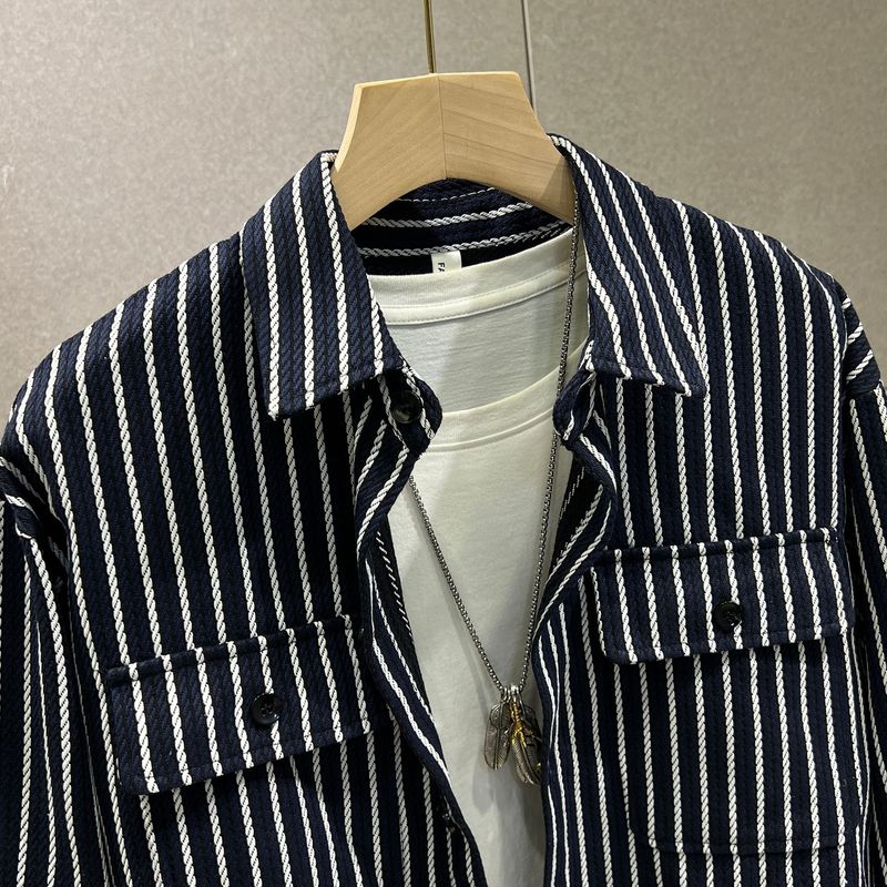2025 Autumn Fashion Black And White Striped Turn-down Collar Shirt Long Sleeve Men's Trendy Jacket Versatile Coat_voghion.com