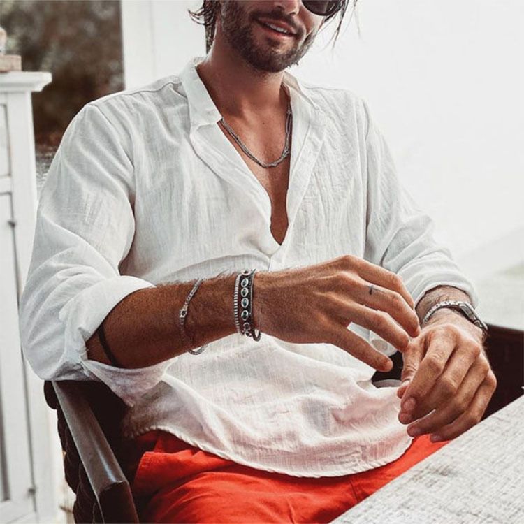 Unbeatable Quality Men's Casual 2024 New Stand Up Collar Door Tube Solid Color Long Sleeved Bamboo Cotton Linen Shirt_voghion.com