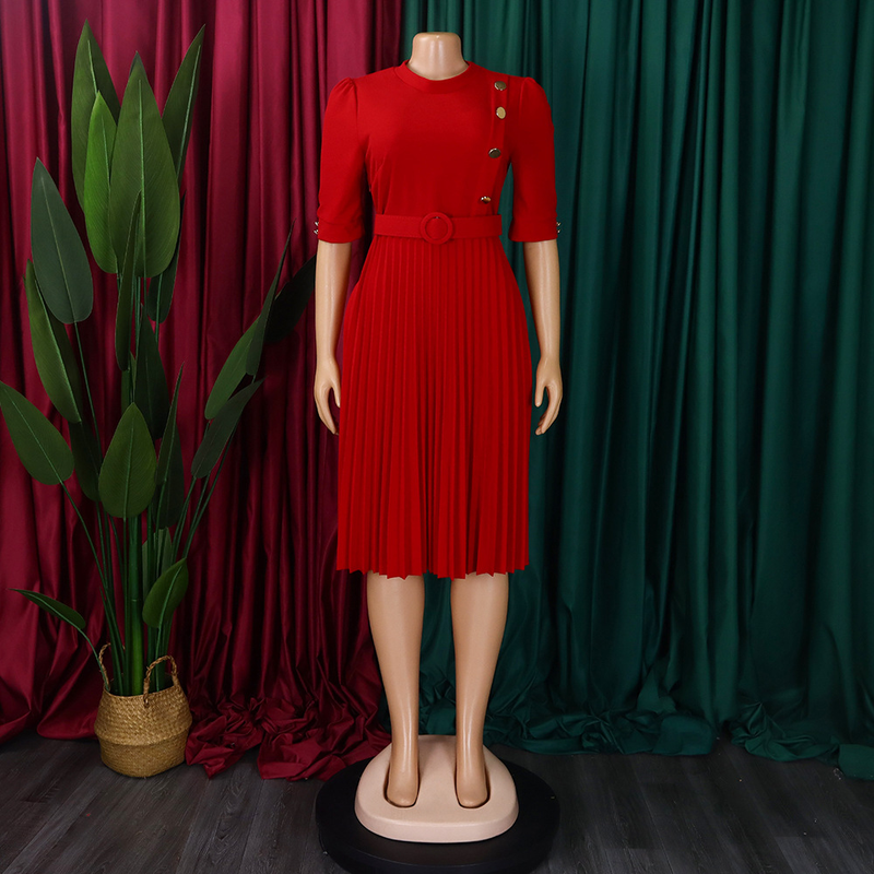 Robe de commerce extérieur plissée à boutons de couleur unie de style africain pour femmes automne et hiver_voghion.com