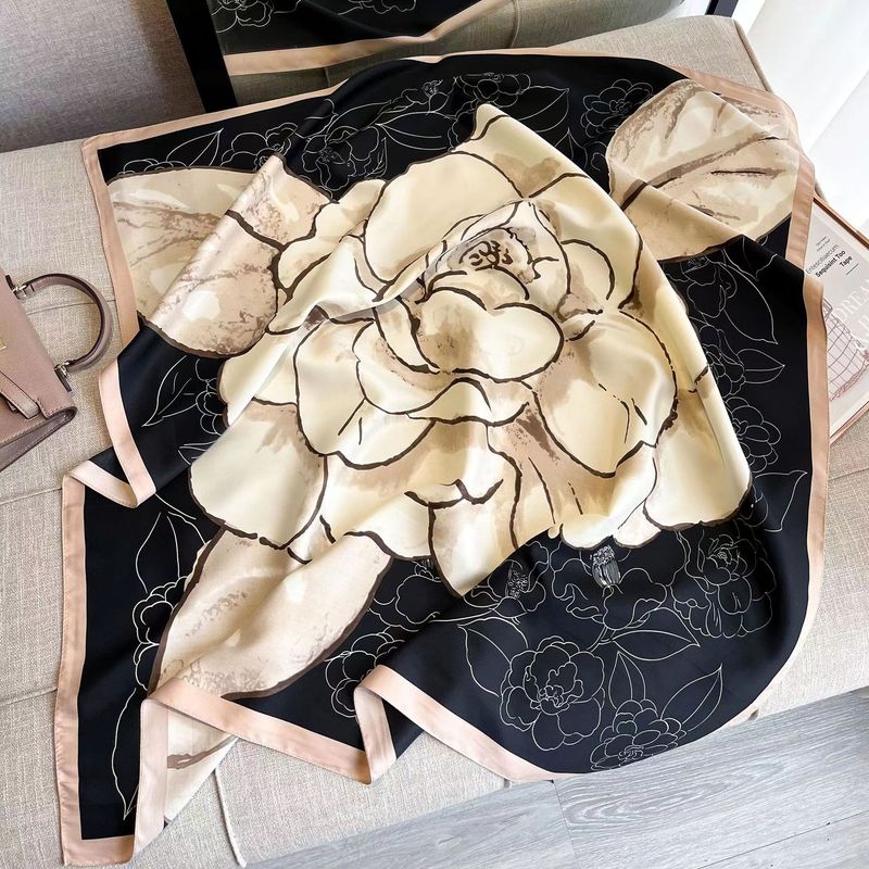 90cm large twill silk Camellia series Korean printed square scarf women's spring and autumn shawl headband_voghion.com