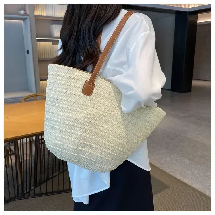 Borsa a tracolla portatile grande in paglia intrecciata con manico superiore da donna, borsa estiva da spiaggia, borsa shopper_voghion.com