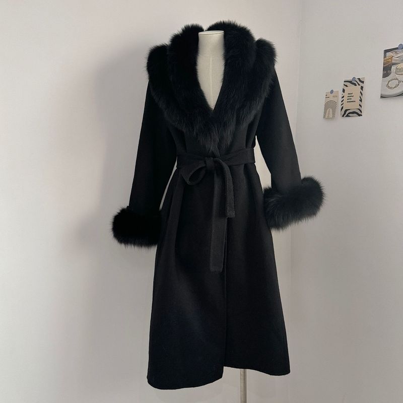 Damenbekleidung Luxuriöser doppelseitiger Wollmantel Langer Trenchcoat mit Gürtel und Fuchspelzbesatz für elegantes Pendeln_voghion.com