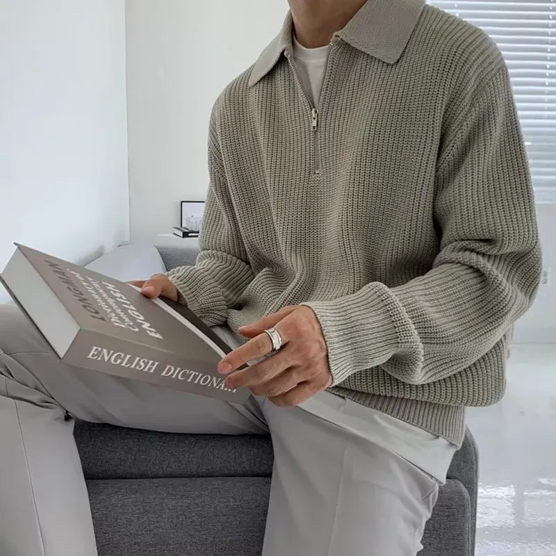 Autumn/Winter Men's Sweater With Half Zipper, Japanese Vintage High-End Knitted Top In Casual Style, Loose Fit, Reverse Sweater_voghion.com