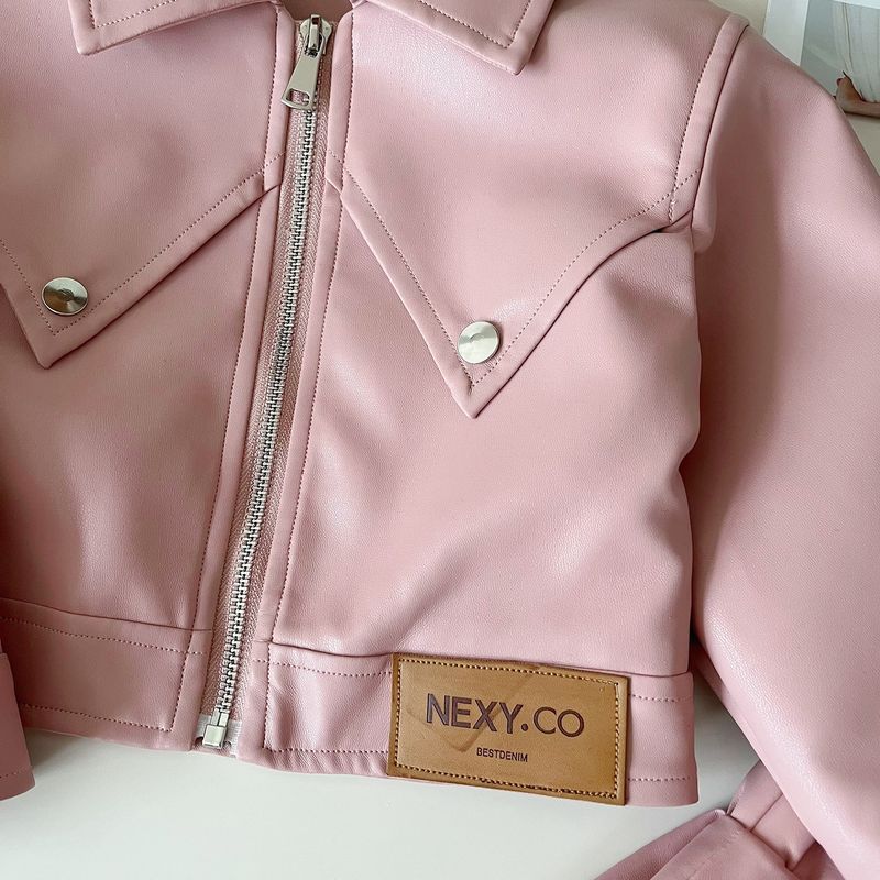 Abbigliamento per bambini Tuta in similpelle autunnale per bambine Tuta da motociclista alla moda per bambine Giacca in pelle per bambini Gonna a pieghe Tuta a due pezzi_voghion.com