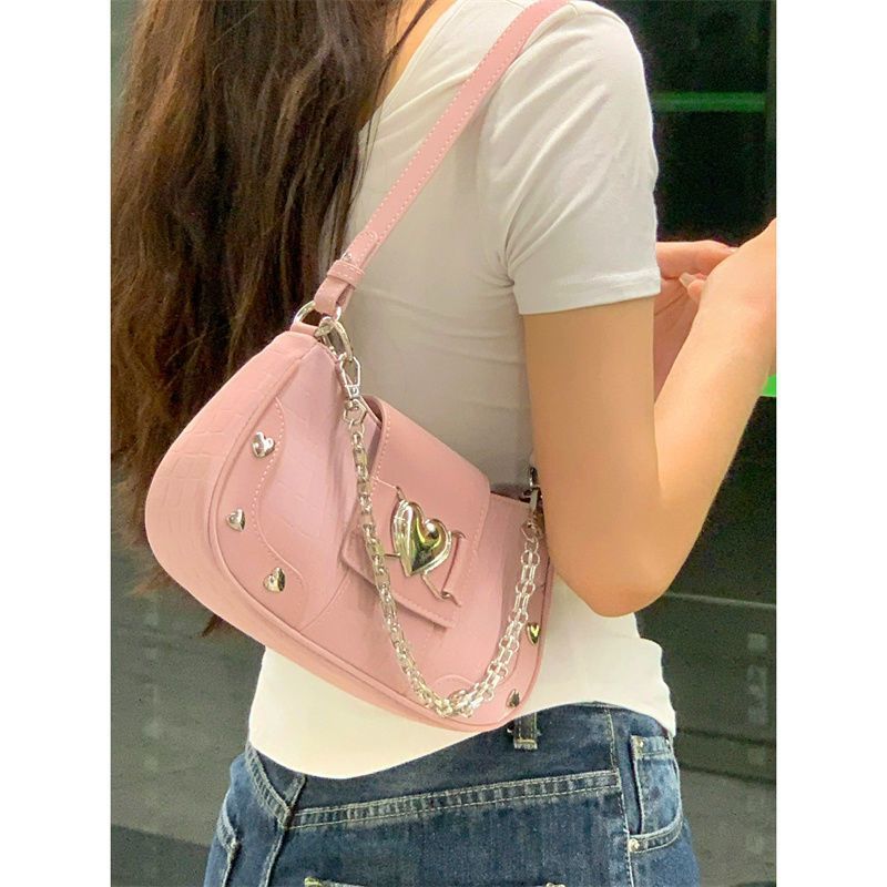 Borsa a tracolla singola con catena a forma di cuore, rosa, fresca e dolce, per ascella, da donna, con motivo a ragazza cool._voghion.com