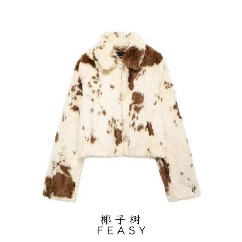 Abrigo de piel sintética para mujer, chaqueta corta de invierno, ropa de calle de moda, estampado de vaca, cuello de visón sintético, ropa de abrigo para mujer._voghion.com