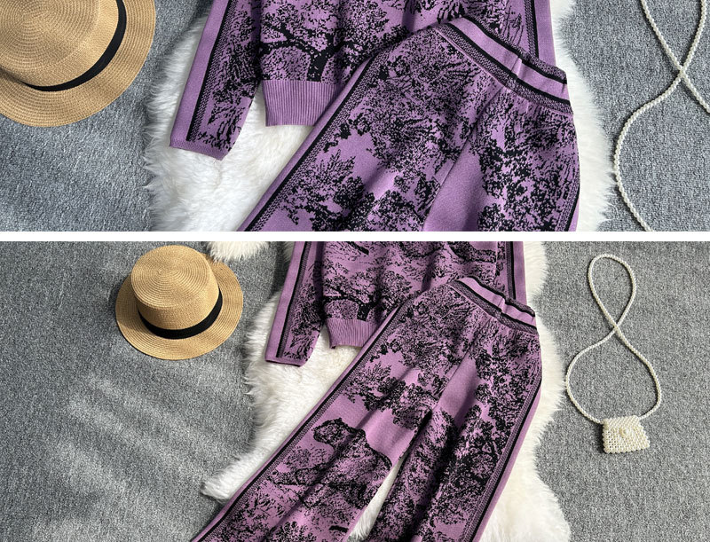 Damen-Pullover mit Rundhalsausschnitt + Hose mit weitem Bein, zweiteiliges trendiges Set, gestrickter Druckanzug mit künstlerischer Atmosphäre_voghion.com