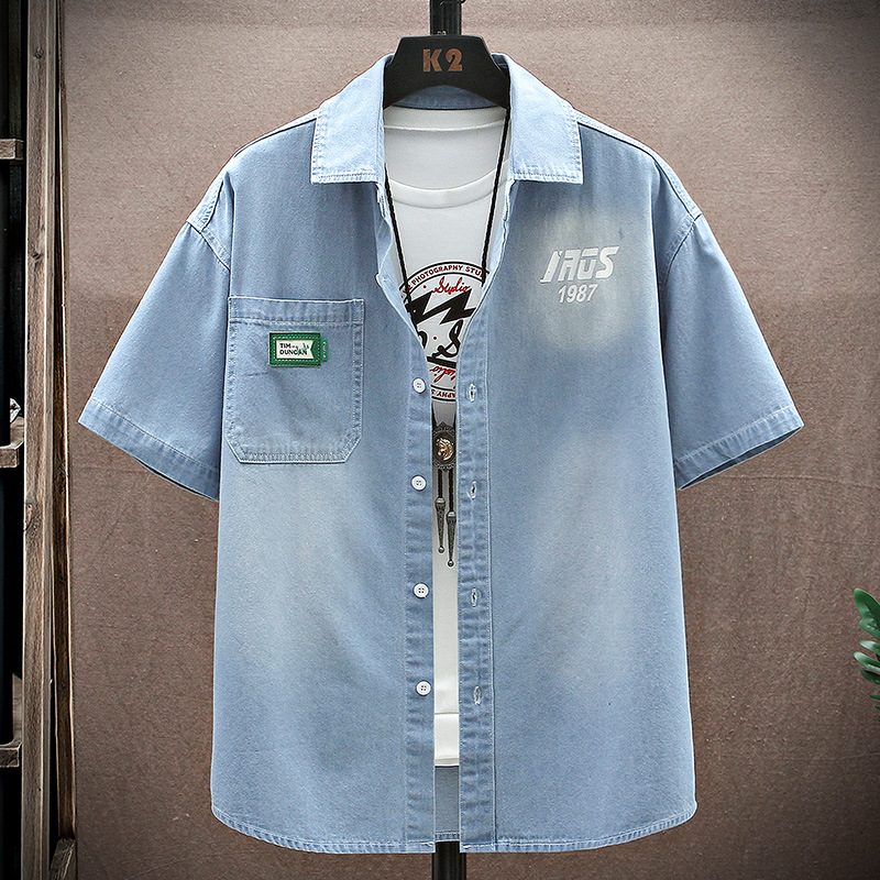 2024 Denim Kurzarmhemd Herren Sommer Neuware reine Baumwolle gewaschenes Hemd hübsches weit geschnittenes Top trendige Marke_voghion.com